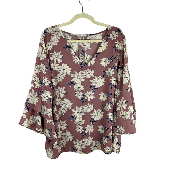 Skies are Blue Floral Blouse Shirt Women Plus 1X Purple 3/4 Bell Sleeves Work - Picture 1 of 6